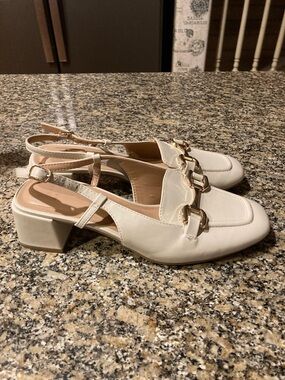 A New Day Cream Slingback Block Heel Loafer with Gold Buckle Accent Size 9